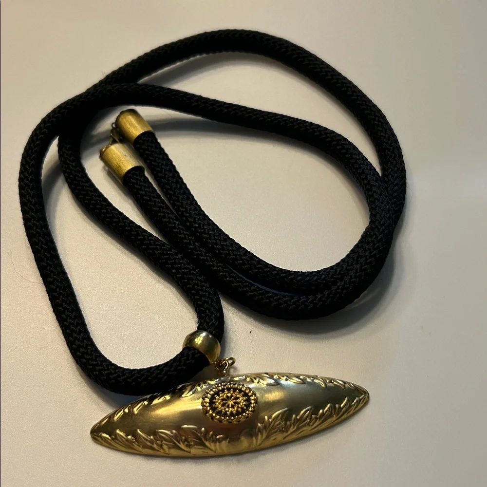 Gold Tone Geometric Engraved Pendant on Black Cord  Necklace‎ 36 Inch
